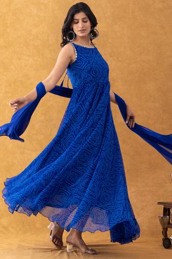 royal blue bandhani anarkali dupatta set