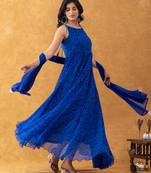 royal blue bandhani anarkali dupatta set