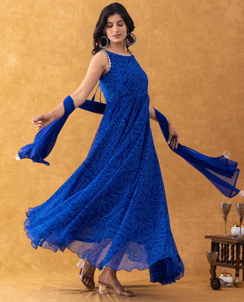 royal blue bandhani anarkali dupatta set