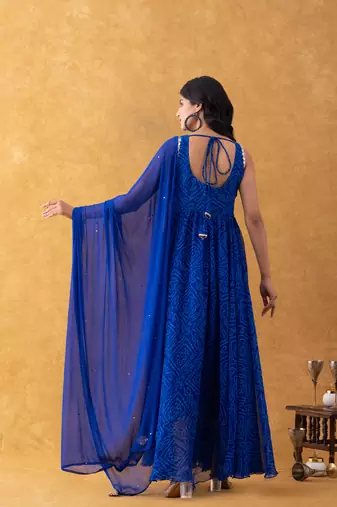 royal blue bandhani anarkali dupatta set