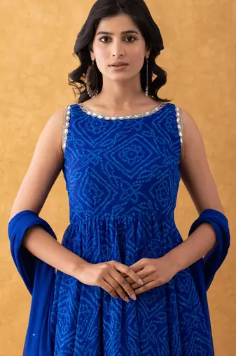 royal blue bandhani anarkali dupatta set