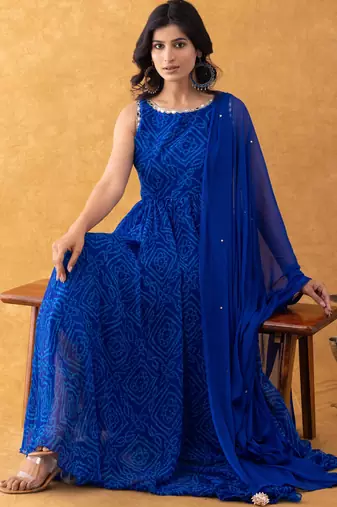 royal blue bandhani anarkali dupatta set