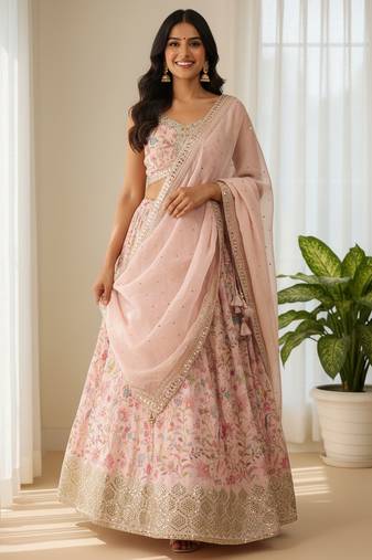 peach digital printed organza festival lehenga set choli with dupatta with dupatta