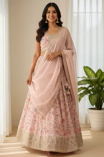 peach digital printed organza festival lehenga set choli with dupatta with dupatta