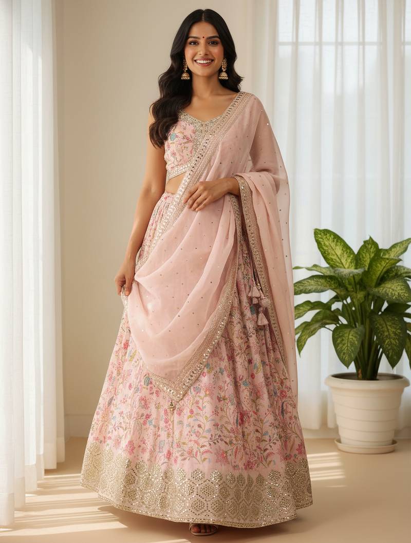 peach digital printed organza festival lehenga set choli with dupatta with dupatta