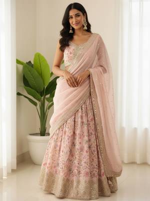 peach digital printed organza festival lehenga set choli with dupatta with dupatta 2