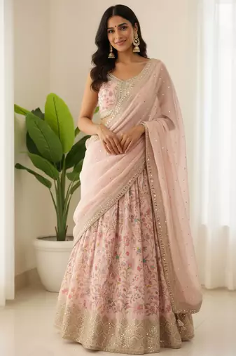 peach digital printed organza festival lehenga set choli with dupatta with dupatta