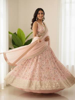 peach digital printed organza festival lehenga set choli with dupatta with dupatta 3