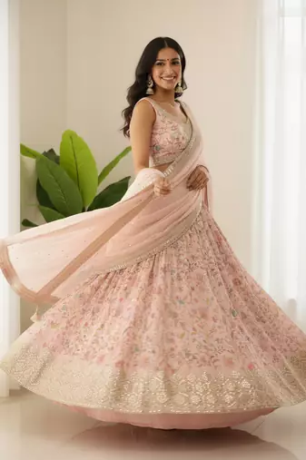 peach digital printed organza festival lehenga set choli with dupatta with dupatta