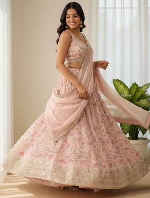 peach digital printed organza festival lehenga set choli with dupatta with dupatta 5