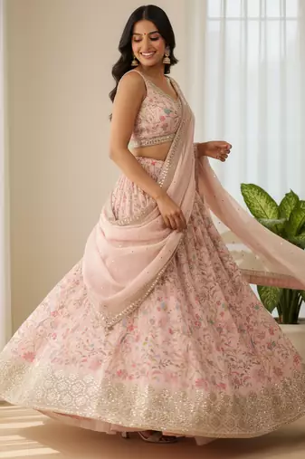 peach digital printed organza festival lehenga set choli with dupatta with dupatta