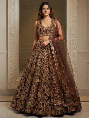 brown fully sequins net lehenga set choli with dupatta 1