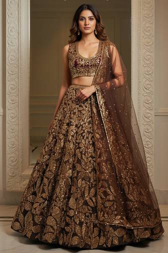 brown fully sequins net lehenga set choli with dupatta