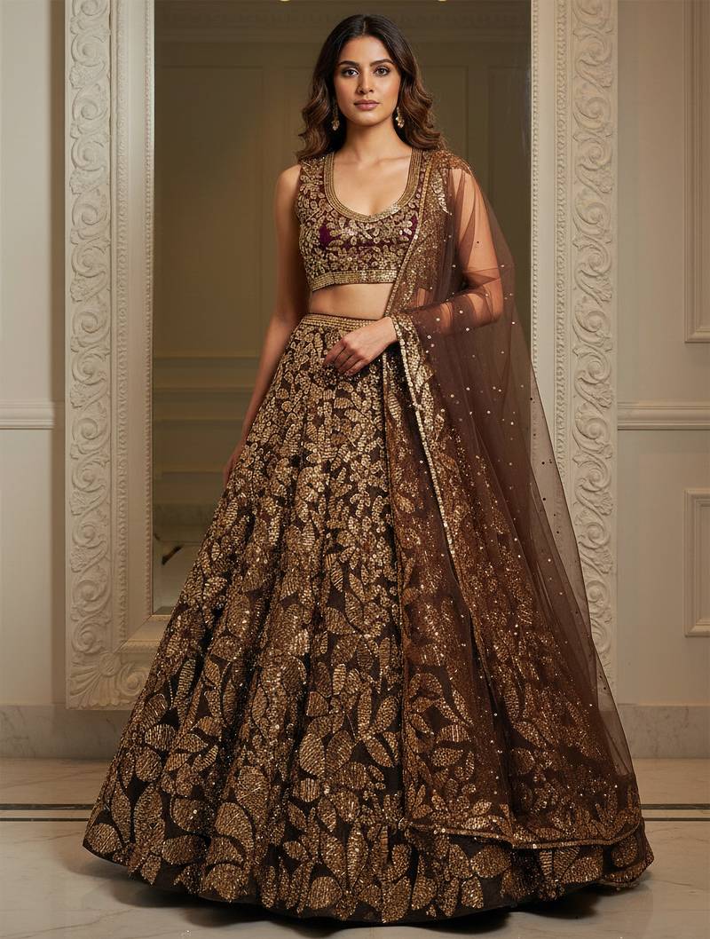 brown fully sequins net lehenga set choli with dupatta
