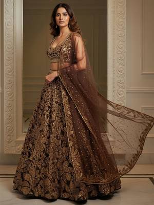 brown fully sequins net lehenga set choli with dupatta 2