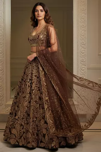 brown fully sequins net lehenga set choli with dupatta