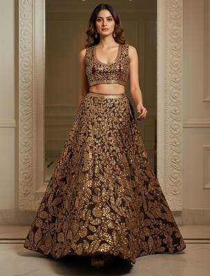 brown fully sequins net lehenga set choli with dupatta 3