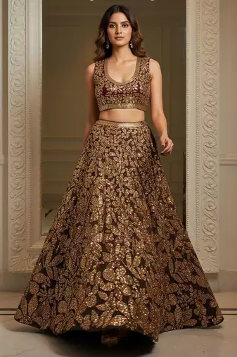 brown fully sequins net lehenga set choli with dupatta