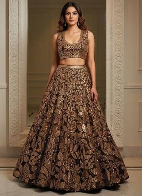 brown fully sequins net lehenga set choli with dupatta 4