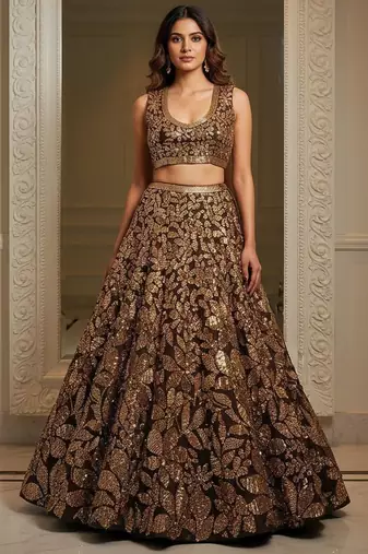 brown fully sequins net lehenga set choli with dupatta