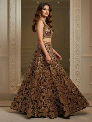 brown fully sequins net lehenga set choli with dupatta 5