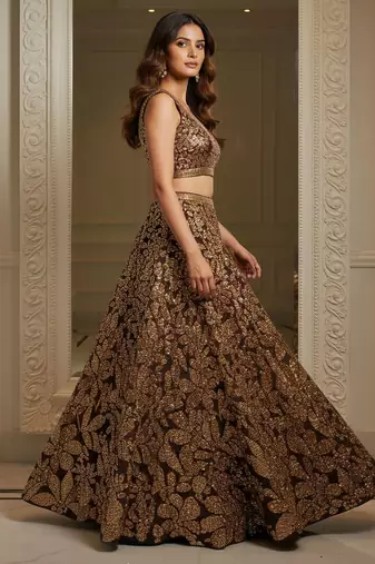 brown fully sequins net lehenga set choli with dupatta