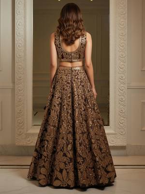 brown fully sequins net lehenga set choli with dupatta 7