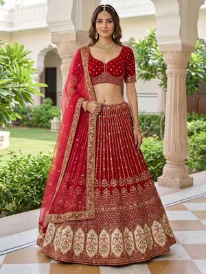 maroon embroidered organza bridal lehenga set choli with dupatta 1