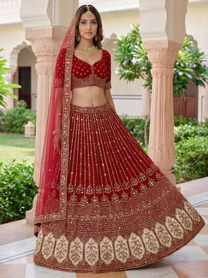 maroon embroidered organza bridal lehenga set choli with dupatta 2