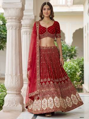 maroon embroidered organza bridal lehenga set choli with dupatta 3