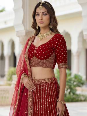 maroon embroidered organza bridal lehenga set choli with dupatta 5