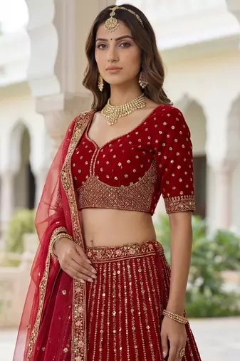 maroon embroidered organza bridal lehenga set choli with dupatta