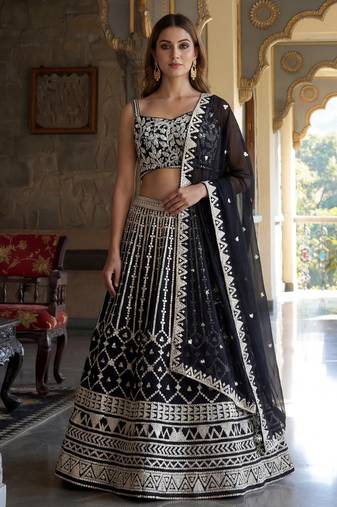black sequins embroidered georgette lehenga set choli with dupatta