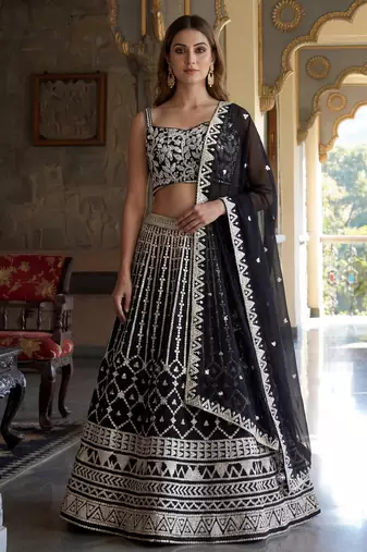 black sequins embroidered georgette lehenga set choli with dupatta