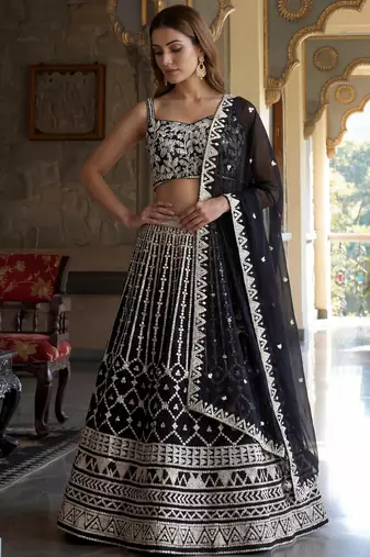 black sequins embroidered georgette lehenga set choli with dupatta