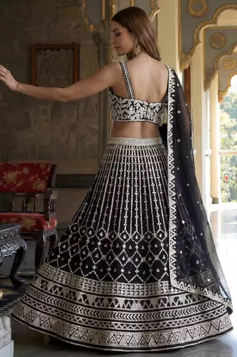 black sequins embroidered georgette lehenga set choli with dupatta