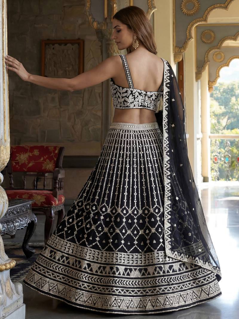 black sequins embroidered georgette lehenga set choli with dupatta