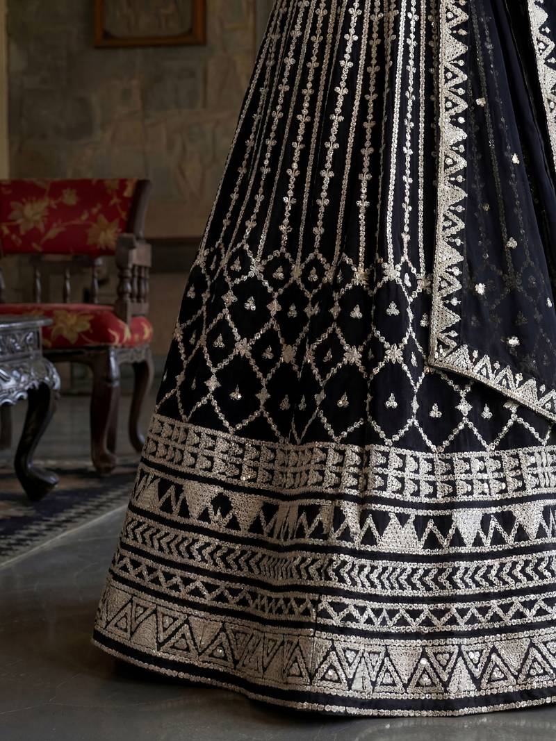 black sequins embroidered georgette lehenga set choli with dupatta