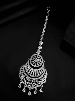 Silver-plated american diamond bridal maang tikka | traditional wedding tikka for women 2