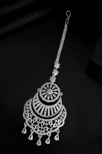 Silver-plated american diamond bridal maang tikka | traditional wedding tikka for women