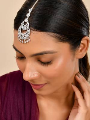 Premium silver-plated cz bridal maangtikka | traditional wedding tikka for women 1