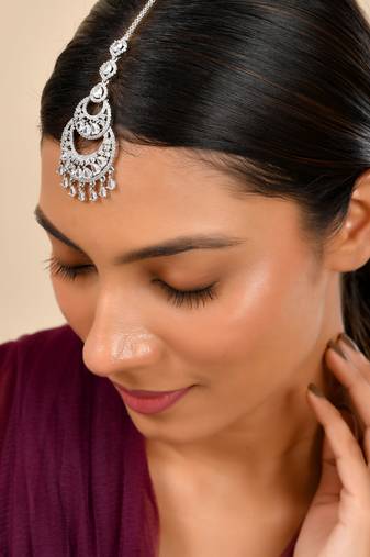 Premium silver-plated cz bridal maangtikka | traditional wedding tikka for women