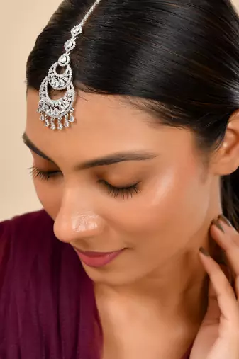 Premium silver-plated cz bridal maangtikka | traditional wedding tikka for women