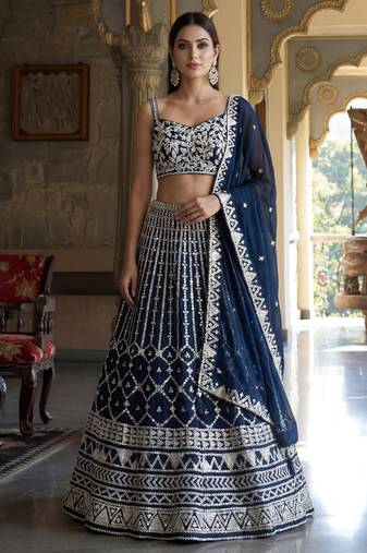blue sequins embroidered georgette lehenga set choli with dupatta
