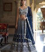 blue sequins embroidered georgette lehenga set choli with dupatta