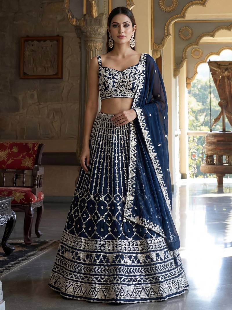 blue sequins embroidered georgette lehenga set choli with dupatta