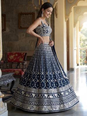 blue sequins embroidered georgette lehenga set choli with dupatta 2