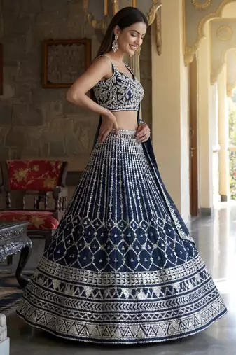 blue sequins embroidered georgette lehenga set choli with dupatta