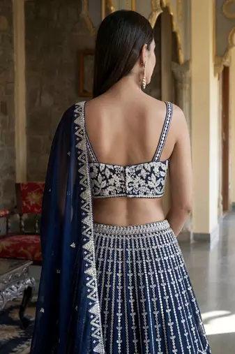 blue sequins embroidered georgette lehenga set choli with dupatta