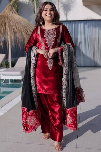  Red Zari Embroidered Velvet  Festive Kameez
